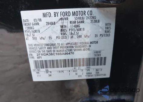 2008 Ford Edge Sel from USA, damaged, VIN 2FMDK38C18BA86470